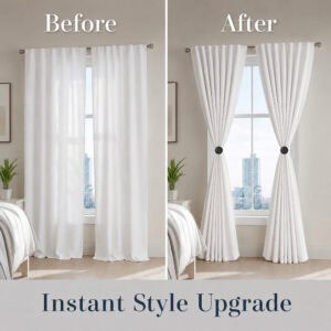 Before and after of curtains styled with round tieback clips