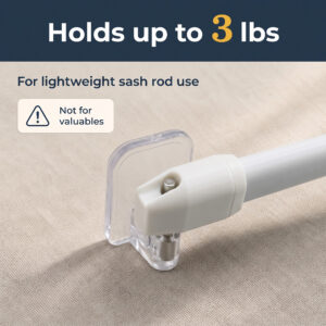 Close-up of the adhesive hook bracket holding a lightweight sash rod, rated up to 3 lbs