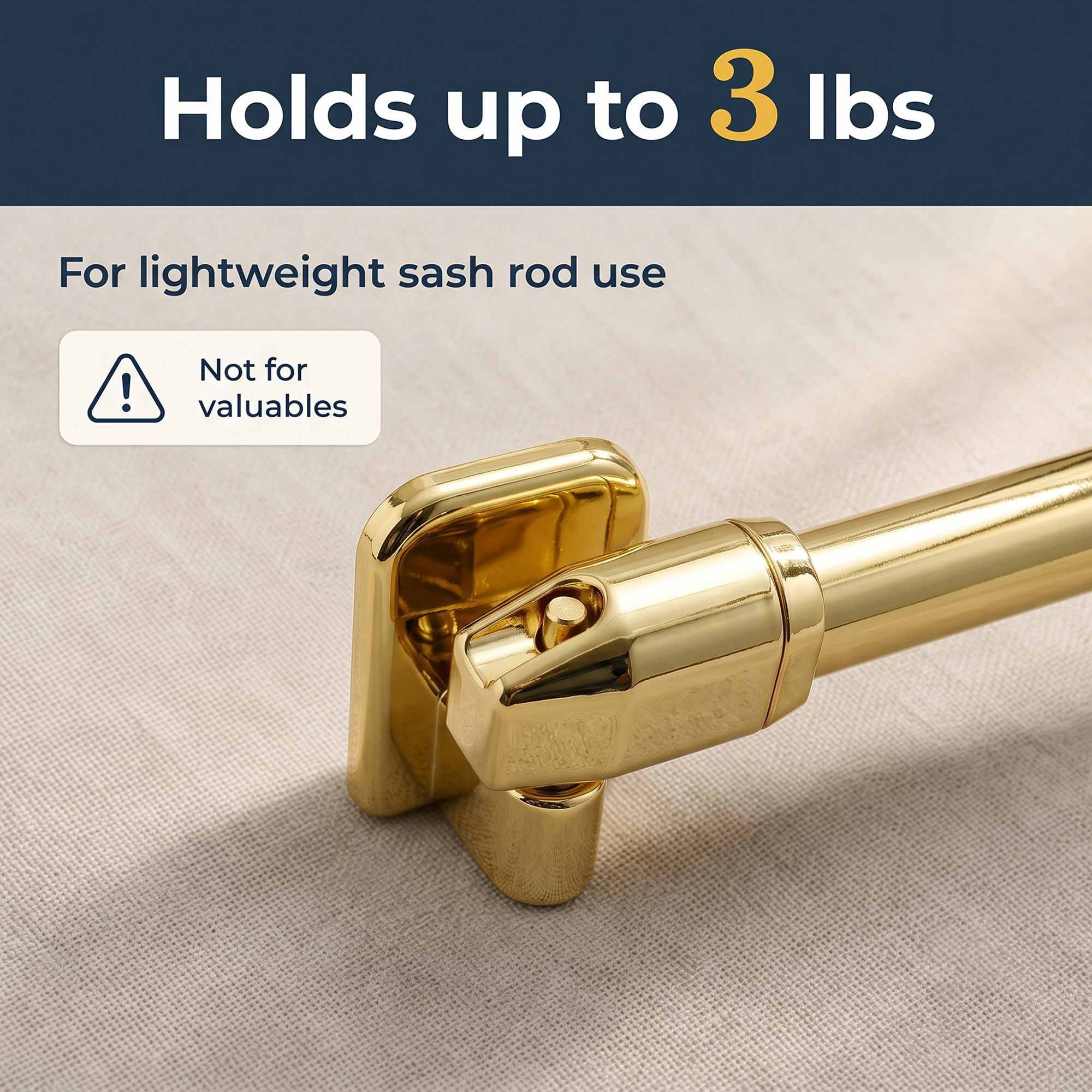 Close-up of the adhesive hook bracket holding a lightweight sash rod, rated up to 3 lbs