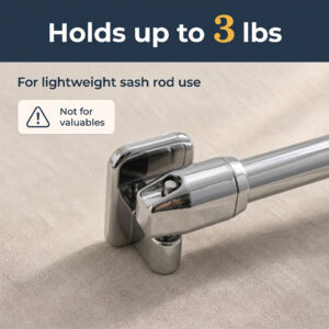 Close-up of the adhesive hook bracket holding a lightweight sash rod, rated up to 3 lbs