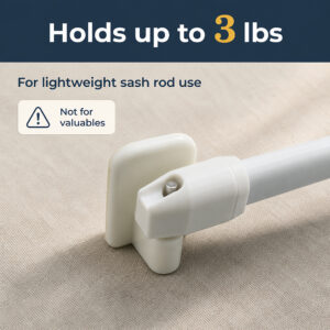 Close-up of the adhesive hook bracket holding a lightweight sash rod, rated up to 3 lbs