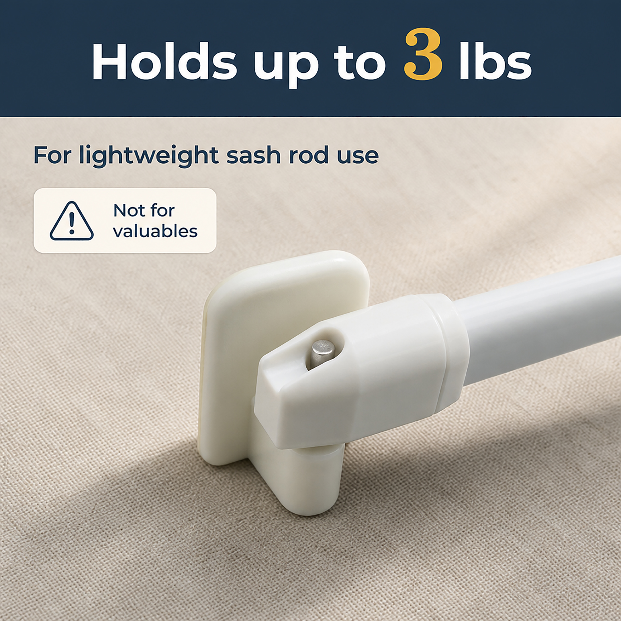 Close-up of the adhesive hook bracket holding a lightweight sash rod, rated up to 3 lbs