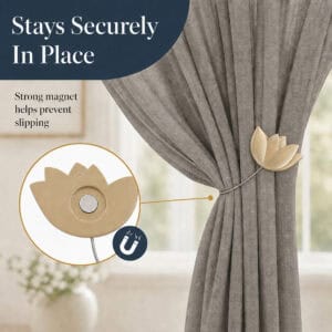 magnet hold: Close up of the gold tulip tieback showing the hidden round magnet that grips the cable and helps prevent the curtain from slipping.
