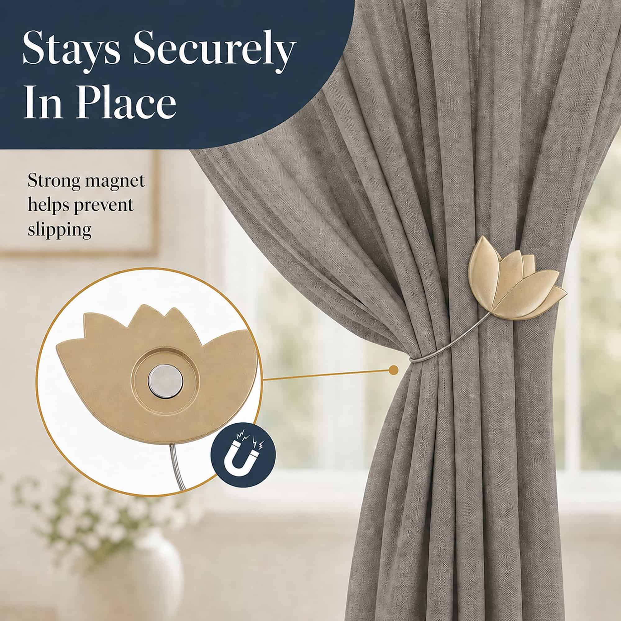 magnet hold: Close up of the gold tulip tieback showing the hidden round magnet that grips the cable and helps prevent the curtain from slipping.
