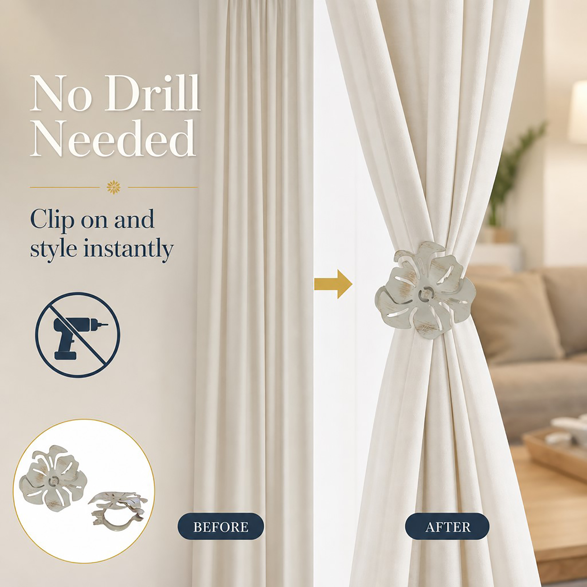 Before and after comparison showing a loose cream curtain on the left and the same curtain gathered by an ivory gold floral clip on the right.