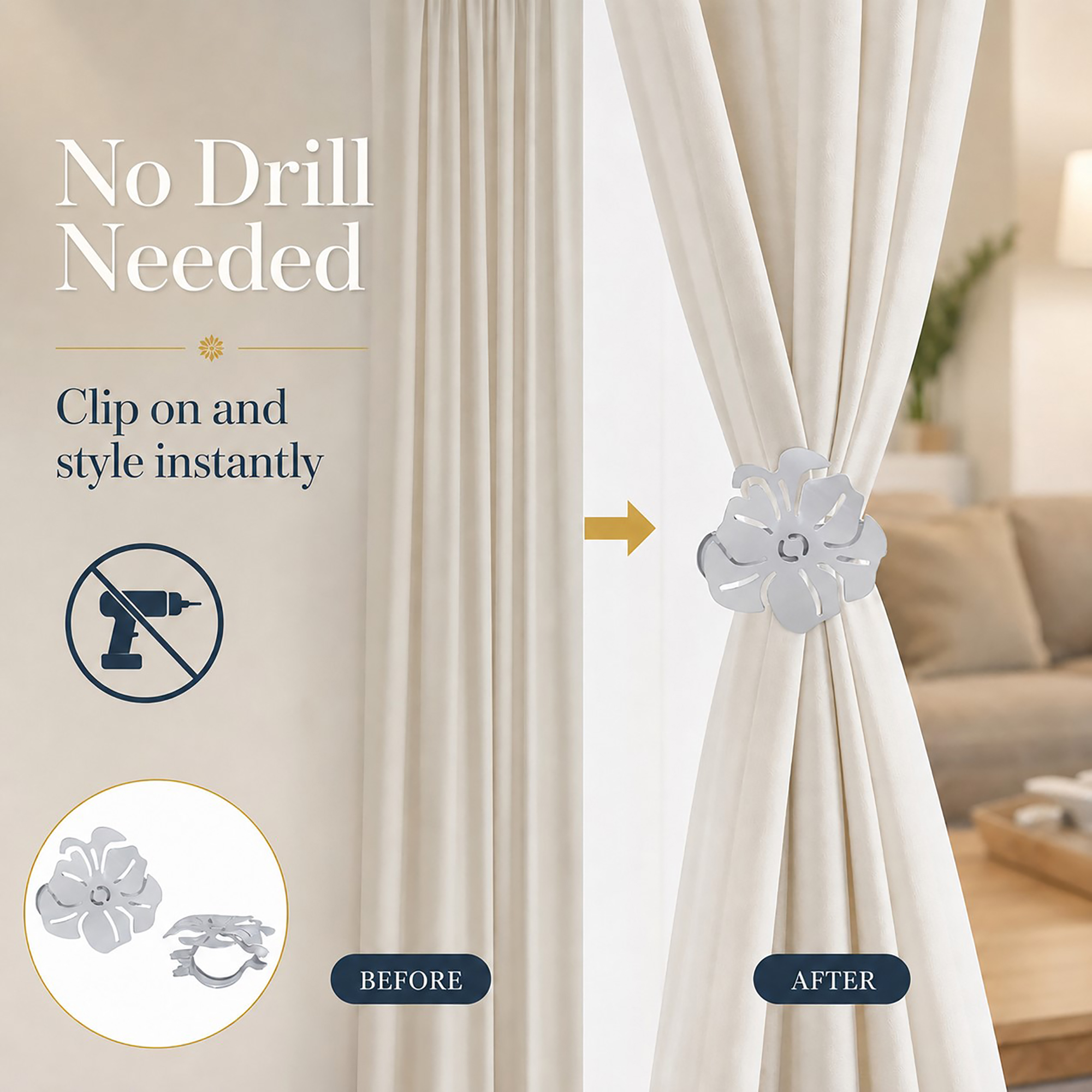 Before and after comparison showing a loose cream curtain on the left and the same curtain gathered by a white floral clip on the right.