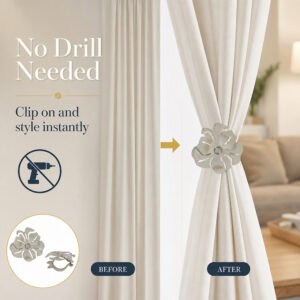 No drill curtain holdback shown clipping on, before and after styling