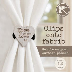 3- No-drill heart curtain tieback clipping onto a white fabric panel, with no-drill icon and 1.6 ounce lightweight callout
