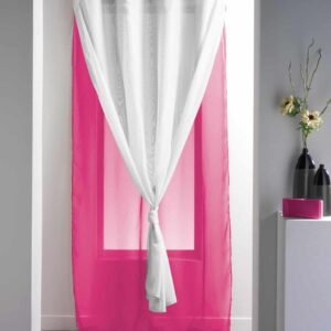 Double Layered Sheer Curtain Panel Grommet ROBIN Solid Two-colored 55 W x 95''L White-Fuchsia