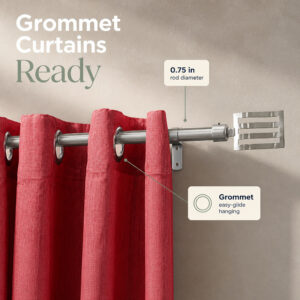 Red grommet curtains gliding on the 0.75 inch diameter silver curtain rod
