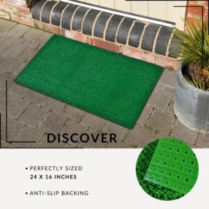 Green rectangular door mat at doorstep highlighting size and low profile
