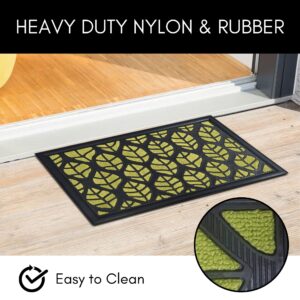 Green and black leaf doormat showing nylon surface and rubber frame