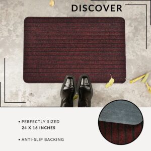 Maroon doormat with size dimensions and anti-slip backing detail