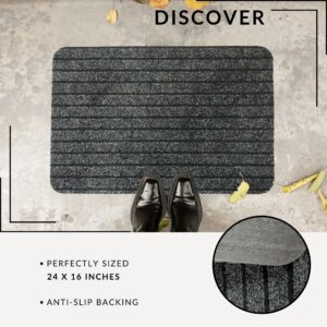 Gray doormat with size dimensions and anti-slip backing detail