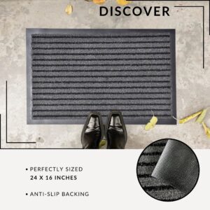 Rectangular striped doormat showing anti-slip backing and 24 x 16 inch size