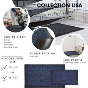Blue low profile door mat with rubber backing detail and size options