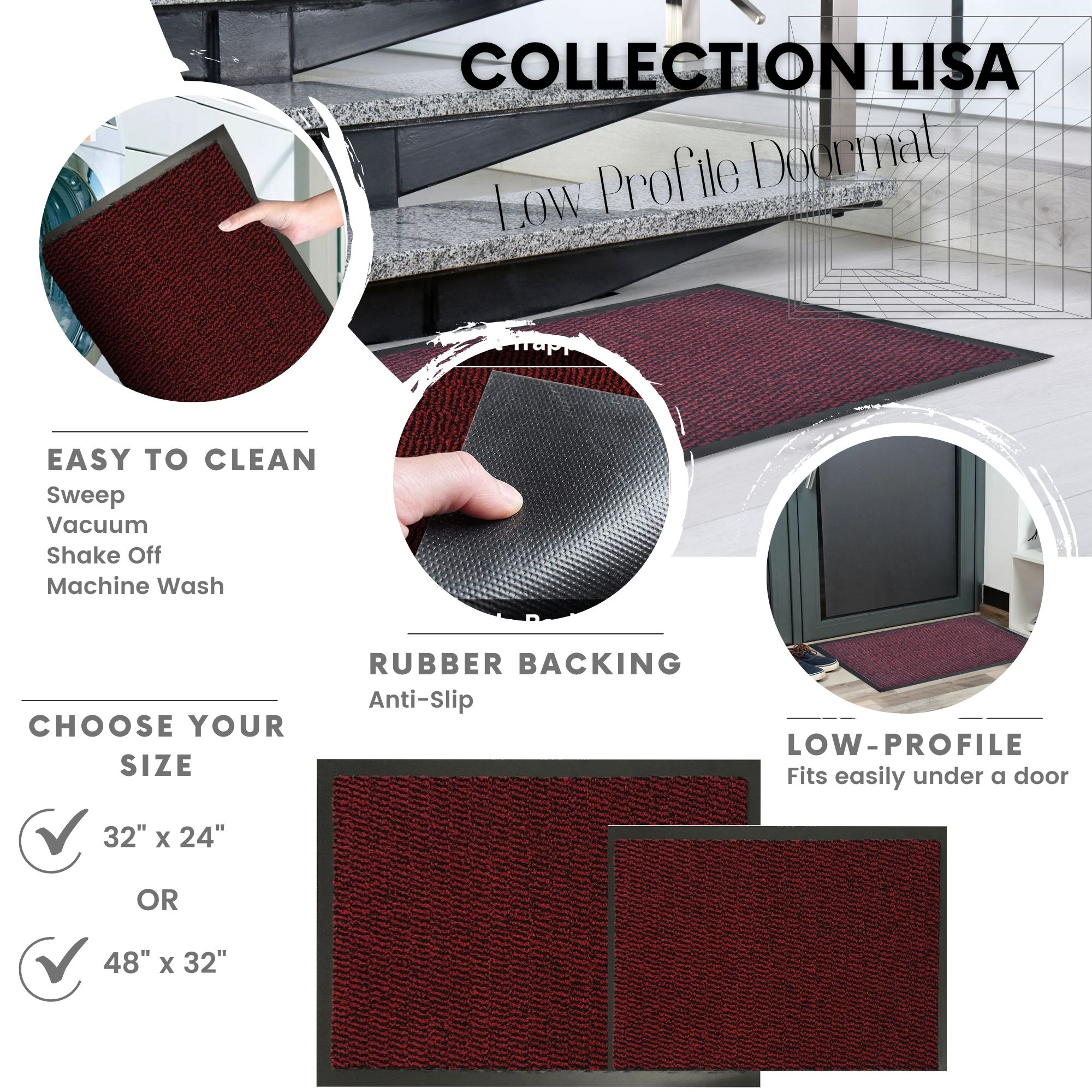 Red low profile door mat with rubber backing detail and size options