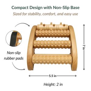 Foot roller massager dimensions diagram showing 5.5-inch width, 7-inch length, 2-inch height, with non-slip rubber pads highlighted