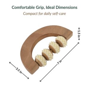 Hand massage roller dimensions diagram showing 7-inch length, 3.5-inch width, and 1.5-inch height for compact daily self-care