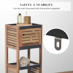 "Safety callout showing wall-mounting anchor bracket close-up on acacia bathroom storage cabinet"