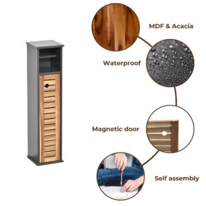 "Features diagram highlighting MDF and acacia construction, waterproof finish, magnetic door closure, and self-assembly"