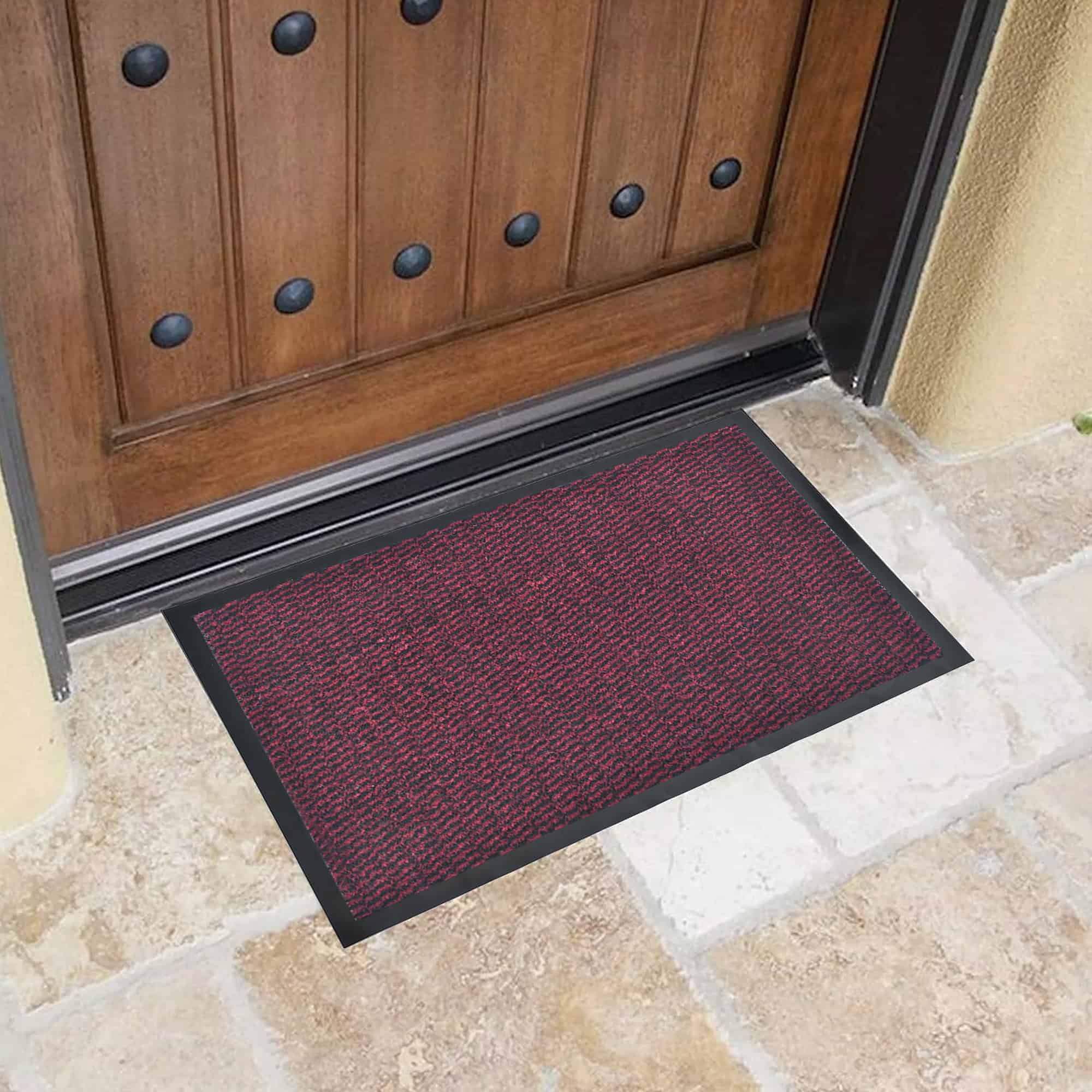 Red burgundy low profile doormat showing easy to clean surface and rubber backing
