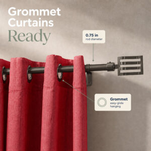 Red grommet curtains gliding on the 0.75 inch diameter graphite curtain rod