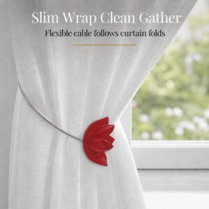 cable wrap: Red tulip tieback with its slim flexible cable wrapped neatly around a white sheer curtain, following the natural folds of the fabric.