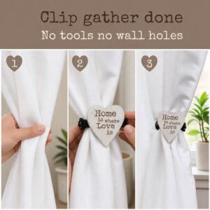 4- Three-step guide showing how to gather a curtain and attach the magnetic heart tieback with no tools and no wall holes