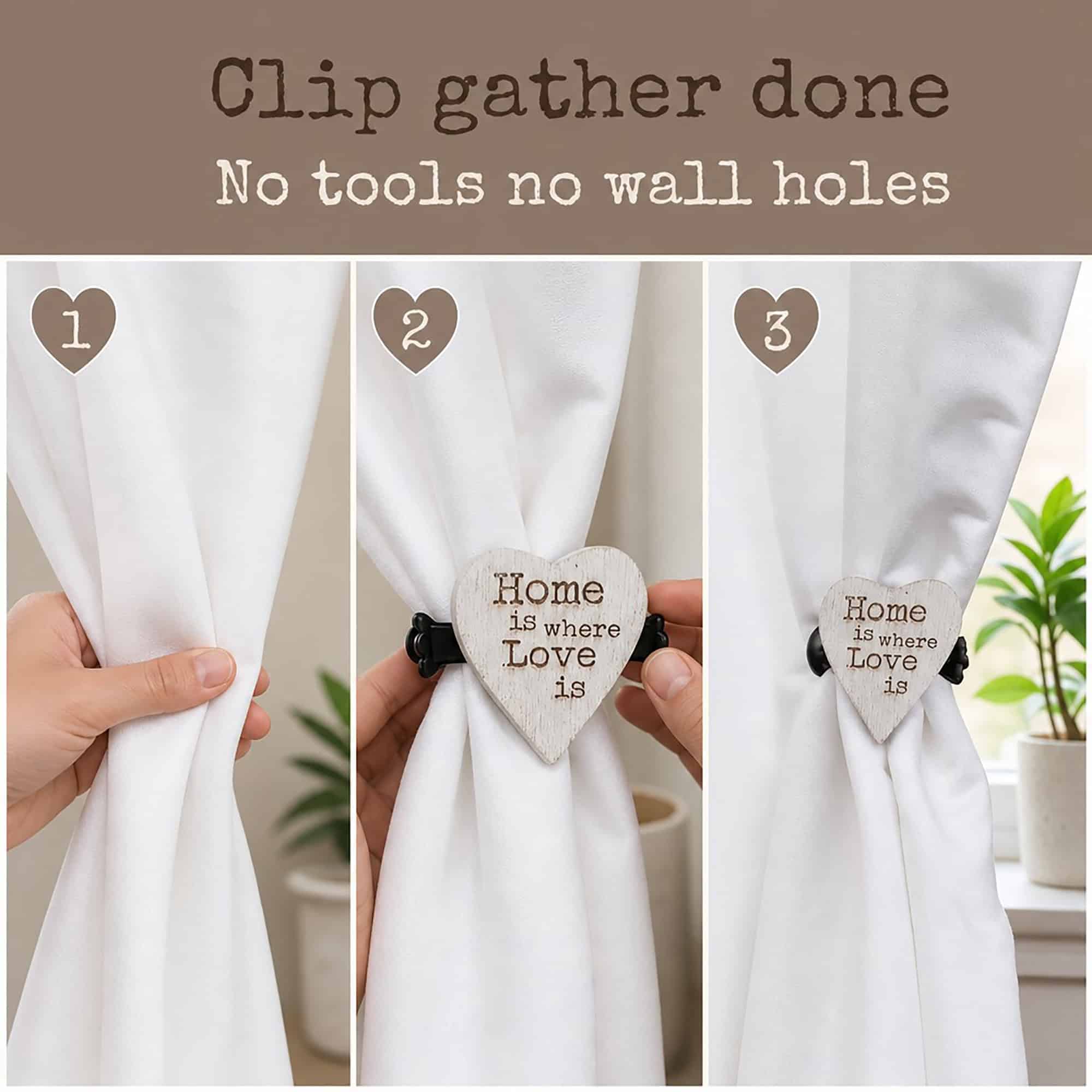 4- Three-step guide showing how to gather a curtain and attach the magnetic heart tieback with no tools and no wall holes
