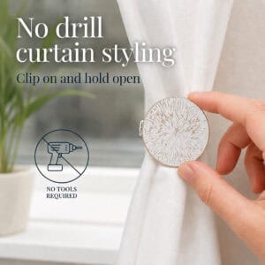 White and gold round curtain tieback clipping on with no drilling and no tools