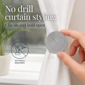 Chrome round curtain tieback clipping on with no drilling and no tools