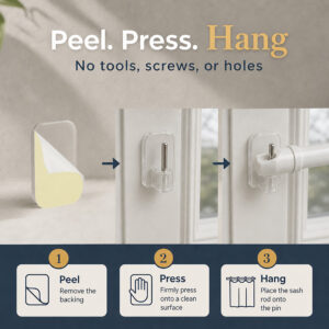 Three-step peel, press and hang install of the adhesive curtain hook, no drill, screws or holes