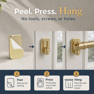 Three-step peel, press and hang install of the adhesive curtain hook, no drill, screws or holes