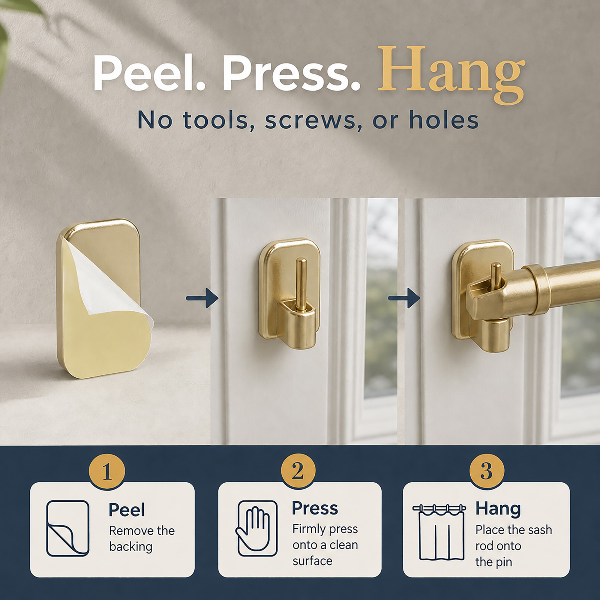 Three-step peel, press and hang install of the adhesive curtain hook, no drill, screws or holes