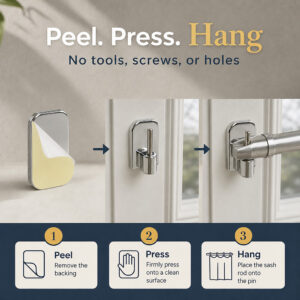 Three-step peel, press and hang install of the adhesive curtain hook, no drill, screws or holes