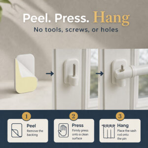 Three-step peel, press and hang install of the adhesive curtain hook, no drill, screws or holes