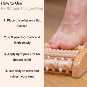 Person demonstrating foot roller massage technique with bare foot on textured wooden rollers, showing step-by-step usage instructions