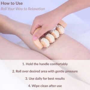 Person demonstrating hand massage roller technique on forearm with step-by-step usage instructions for relaxation