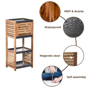 "Features diagram highlighting MDF and acacia construction, waterproof finish, magnetic door, and self-assembly"
