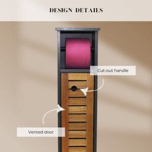 "Design details callout showing cut-out round handle and vented louvered door on acacia toilet paper cabinet"