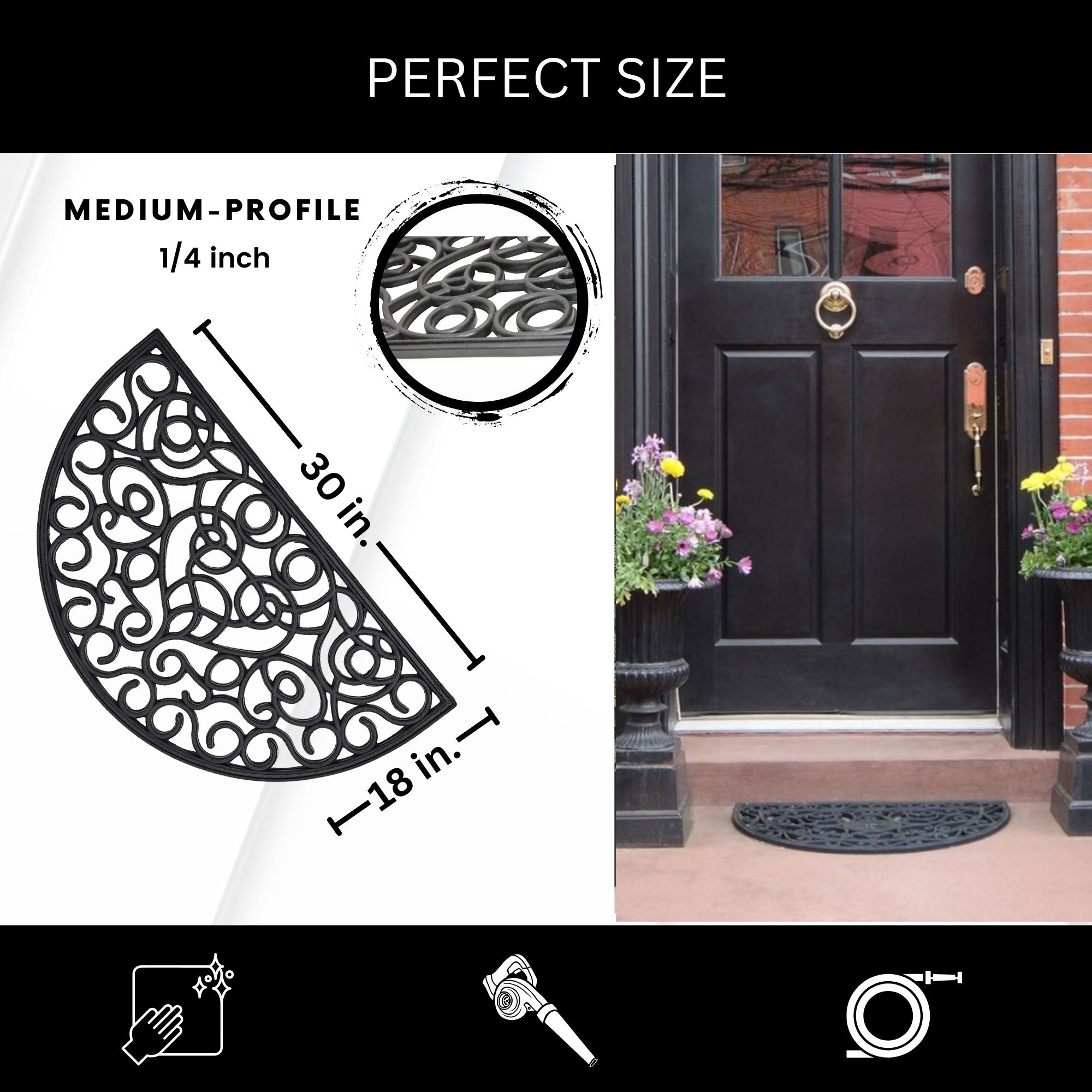 Half Round Door Mat Size and Thickness Diagram – 30 x 18 in