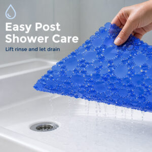 Product hanging on a tiled wall to dry after use