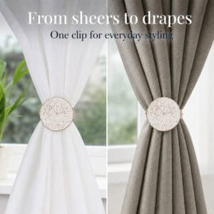 Round curtain tieback clip shown working on both sheers and drapes