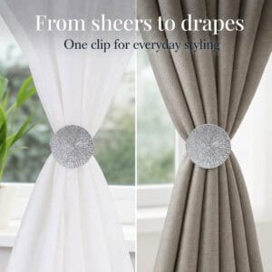 Round curtain tieback clip shown working on both sheers and drapes