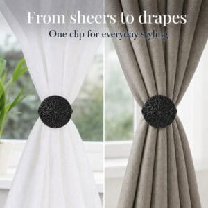 Round curtain tieback clip shown working on both sheers and drapes