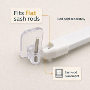 Adhesive hook pin fitting into a flat sash rod end, showing the adjustable tension connection