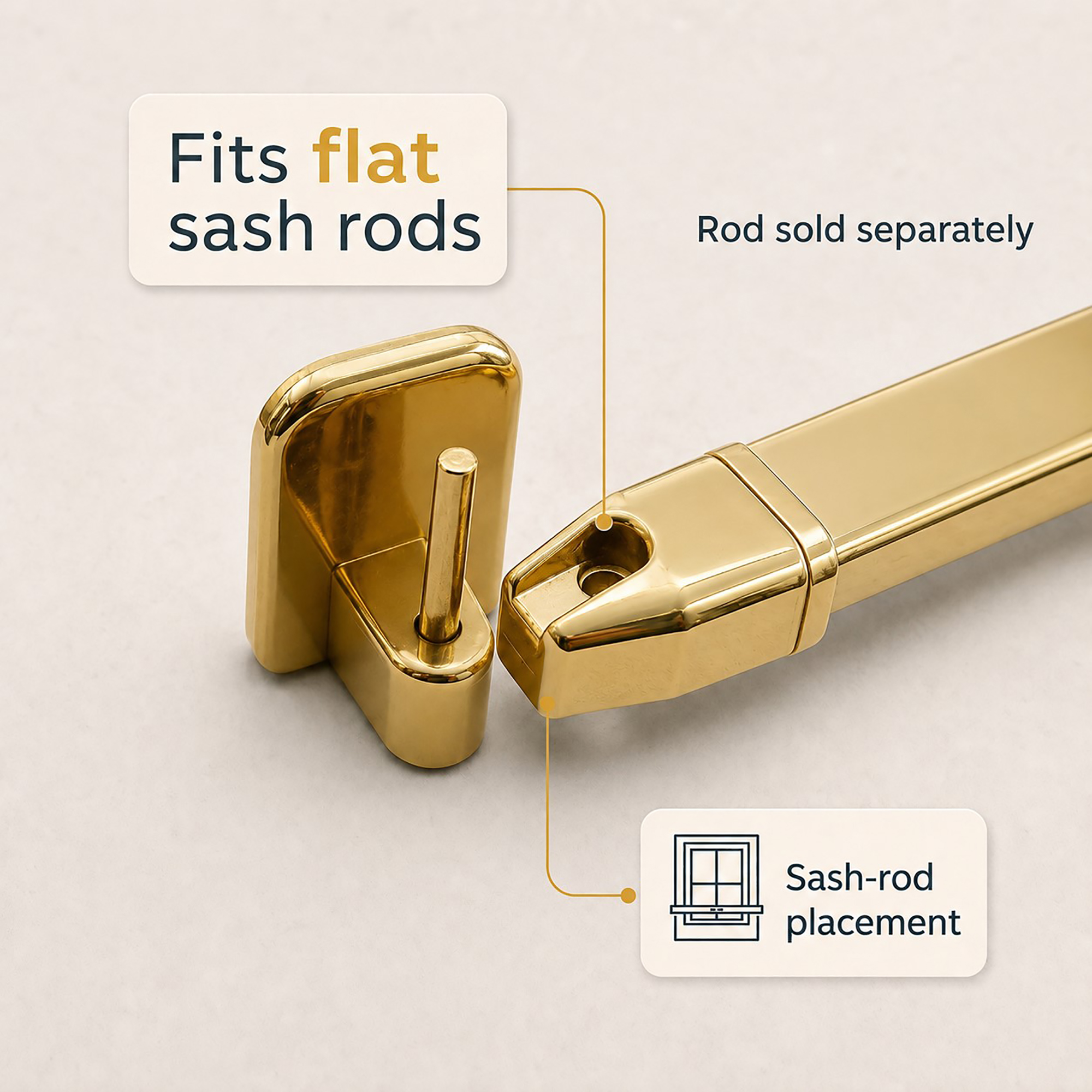 Adhesive hook pin fitting into a flat sash rod end, showing the adjustable tension connection