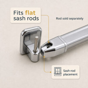 Adhesive hook pin fitting into a flat sash rod end, showing the adjustable tension connection