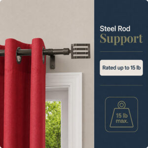 Graphite curtain rod holding red curtains, rated for loads up to 15 pounds